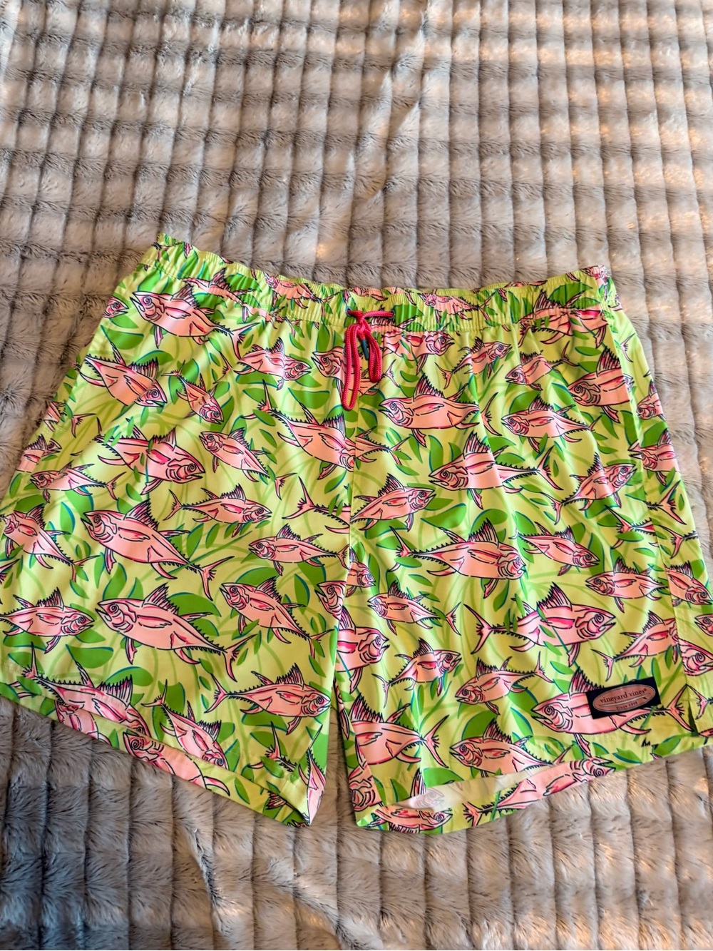 Vineyard Vines Men’s Chappy Neon Green Swim Trunks with Pink Fish Print 2XB